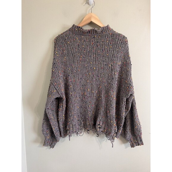 Pol Confetti Distressed Cropped Sweater Size Large Gray Long Sleeve Women's Top - Picture 4 of 8